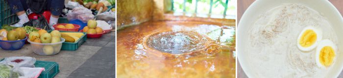 사과와 배의 중간 식감을 품은 황금 배. 땅을 뚫고 솟아나는 신촌약수터의 약수. 들깨와 땅콩을 삶아 만든 국수(왼쪽 사진부터).