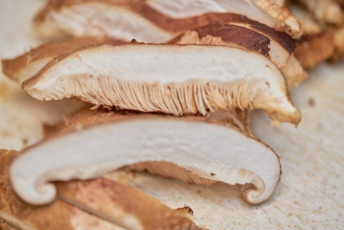 자연산 표고(위 사진)는 원목 표고(아래)보다 갓 아래 주름이 많다.