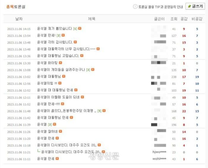 공매도 한시적 금지가 시작된 지난 6일 한 2차전지 주식종목 토론방에서 “윤석열 만세”라며 대통령을 응원하는 글이 연이어 올라오고 있다. 주식종목 토론방 화면 갈무리