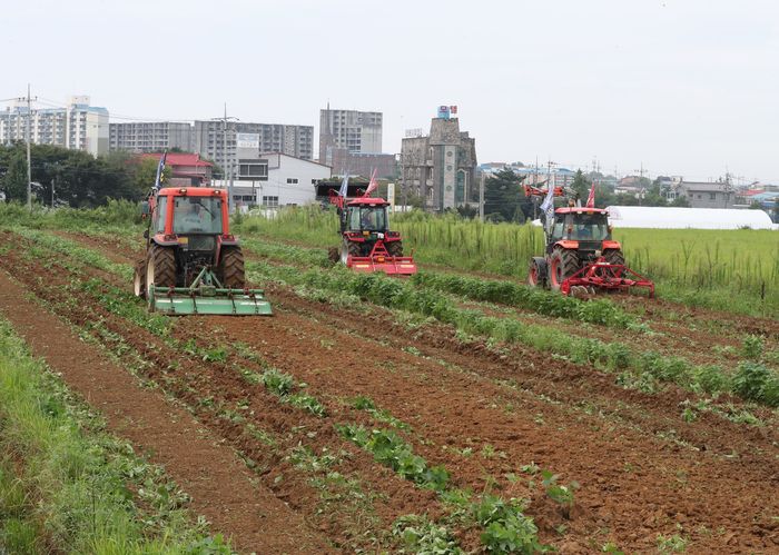 전국농민회총연맹 충남도연맹 관계자들이 지난 8월 28일 집중호우로 인한 피해보상 등을 요구하며 충남 예산군 예산읍 궁평리 한 논콩밭을 갈아엎고 있다. 연합뉴스