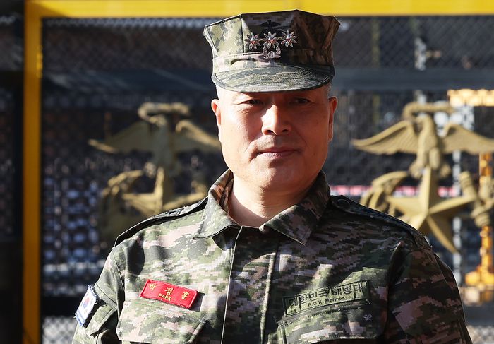 박정훈 전 해병대 수사단장이 28일 오전 경기도 화성시 해병대사령부에서 열린 해병대 군사경찰병과장 보직해임심의위원회에 출석하고 있다. 연합뉴스