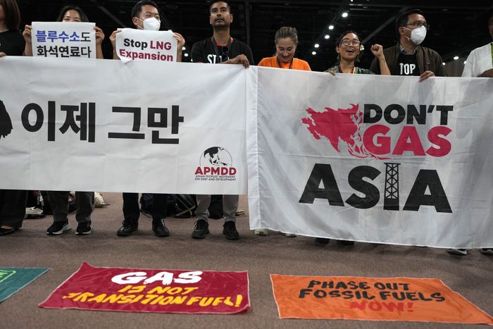 기후솔루션을 비롯한 활동가들이 5일 UAE 두바이에서 열린 COP28 유엔 기후정상회의에서 화석연료 반대 시위를 하고 있다. AP