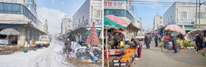 2022년 찾았던 목포 새벽시장. 대설 주의보로 시장 자체가 열리지 않아 아무도 없는 시장에서 망연자실했다(왼쪽 사진). 다시 찾은 목포 새벽시장은 사람이 바글바글했다. 서남해의 수산물이 모이는 목포답게 어물전도 활기찼다.