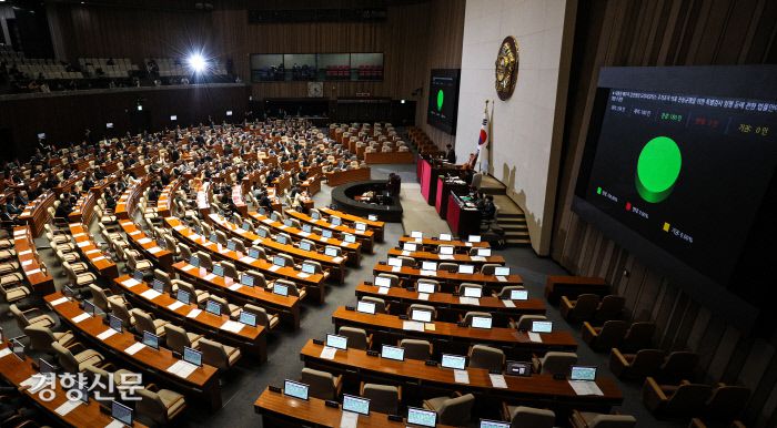 ‘김건희 특검법’, 여당 없이 통과 28일 국회 본회의에서 윤석열 대통령 배우자 김건희 여사의 도이치모터스 주가조작 의혹 진상규명을 위한 특별검사 임명 등에 관한 법률안이 국민의힘 의원들이 퇴장한 가운데 통과되고 있다. 성동훈 기자 zenism@kyunghyang.com