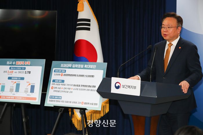 조규홍 보건복지부 장관이 6일 정부서울청사에서 2025학년도 의대 입학 정원 규모를 발표하고 있다. 2024.2.6 이준헌 기자