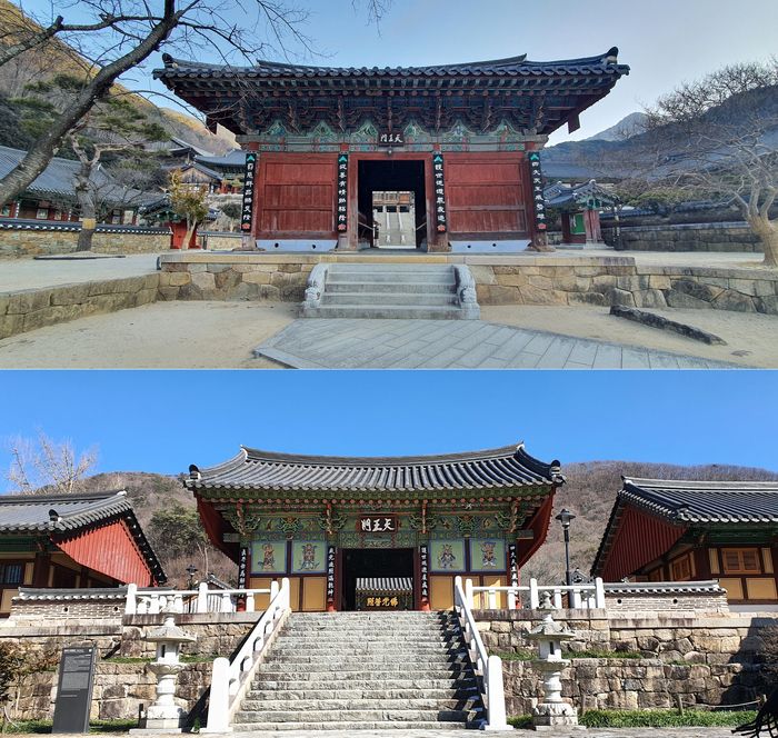 구례 화엄사 천왕문(위)과 영광 불갑사 천왕문. 문화재청 제공