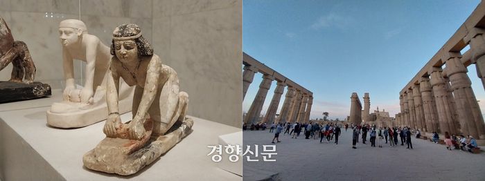 고대 이집트인이나 지금의 현대인이나 우리들 인간은 그 누구나 죽을 수밖에 없어 삶과 죽음을 고민하고 성찰하게 된다. 사진은 4000여년 전 고왕국시대의 조각상 ‘밀을 가는 사람’(왼쪽, 이집트문명박물관)과 전 세계 답사 여행객들이 찾는 룩소르의 룩소르신전. 도재기 선임기자