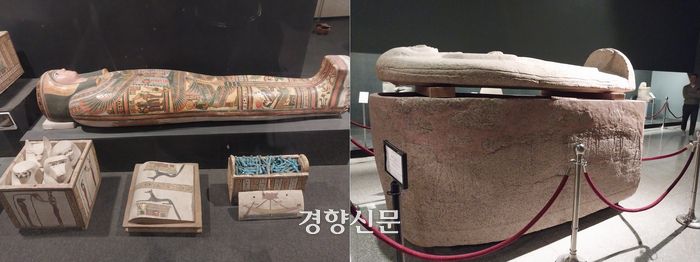 룩소르박물관에 전시된 신왕국시대 귀족의 미라 관과 껴묻거리들 일부(왼쪽), 석관. 도재기 선임기자