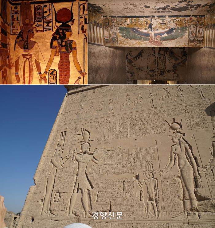네페르타리 왕비 무덤의 벽화들 중 왕비와 하토르 여신(위 왼쪽), 람세스 2세 아버지인 세티 1세 무덤 벽화에 그려진 마아트 여신(위 오른쪽), 고대 유적 도시 덴데라의 하토르 신전 외벽에  새겨진 클레오파트라(왼쪽)와 하트로 여신 부조(오른쪽). 도재기 선임기자