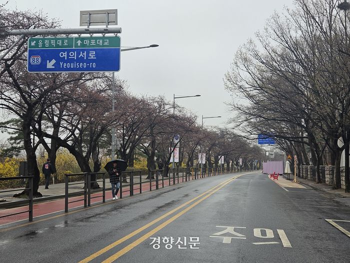 서울 영등포구 여의도 국회 뒤편에서 ‘여의도 봄꽃 축제’가 열리기 시작한 29일 도로 양쪽에 심어진 벚나무에 꽃이 피지 않은 모습이다. 김송이 기자