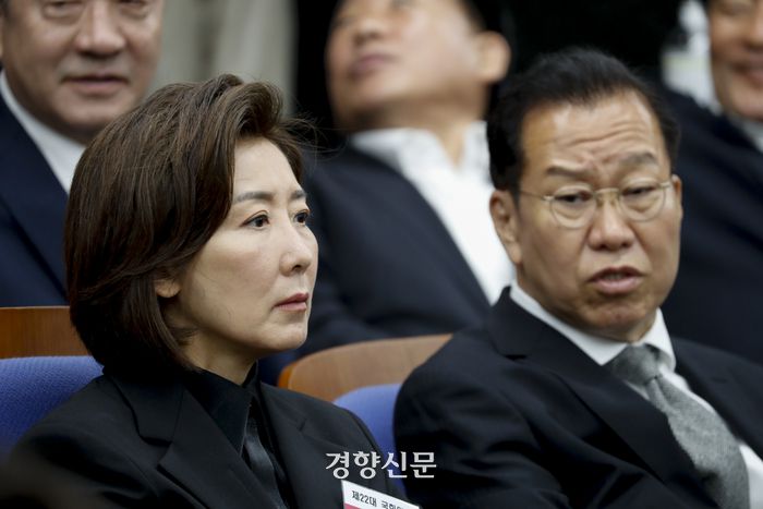 제22대 총선 국민의힘, 국민의미래 당선자 총회가 열린 16일 국회에서 나경원 당선인이 권영세 의원과 대화하고 있다. 문재원 기자