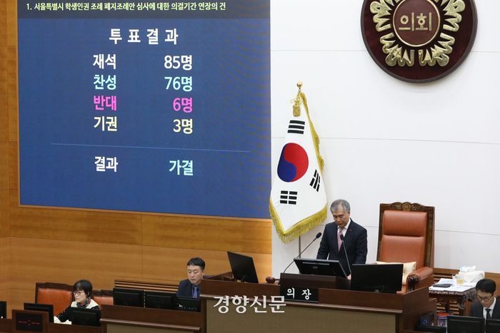 김현기 시의회 의장이 지난해 12월22일 서울시 중구 서울시의회에서 열린 제321회 정례회 제6차 본회의에서 서울학생인권조례 폐지 의결기간 연장에 관한 투표결과를 발표하고 있다. 정효진 기자