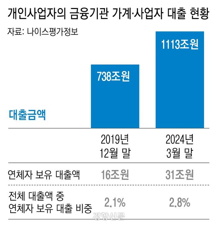 개인사업자의 금융기관 가계·사업자 대출 현황
