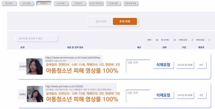 서울시가 개발한 아동·청소년 디지털 성범죄 인공지능(AI) 감시 시스템 결과 화면 예시. 서울시 제공