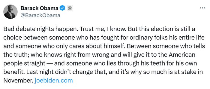 버락 오바마 전 대통령이 28일(현지시간) 엑스(X·옛 트위터)에 올린 글. 엑스 캡처