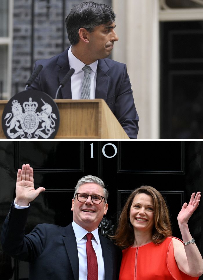 리시 수낵 영국 총리가 5일(현지시간) 총리 관저인 런던 다우닝가 10번지 앞에서 하원 총선 참패 책임을 지고 사의를 표명하고 있다(위쪽 사진). 키어 스타머 신임 총리와 부인 빅토리아 여사가 이날 다우닝가 10번지 앞에서 손을 흔들고 있다. AP·AFP연합뉴스