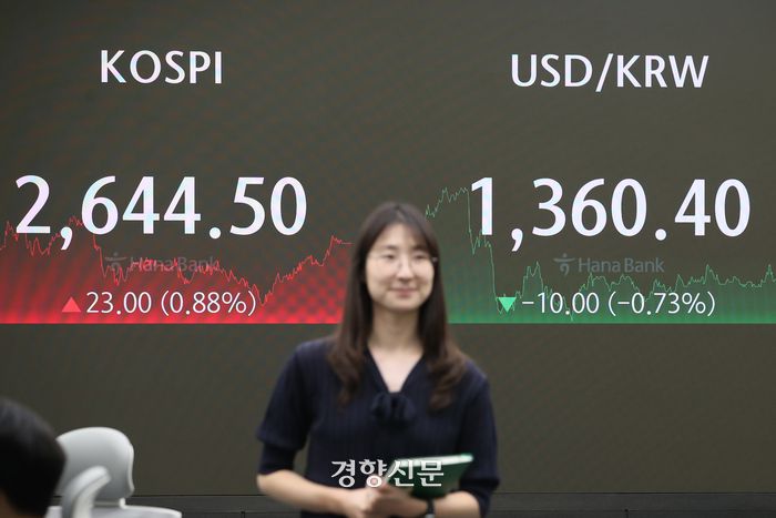 14일 서울 중구 하나은행 딜링룸 전광판에 증시 지수가 표시되어 있다. 이날 코스피 지수는 전 거래일 대비 23.00포인트(0.88%) 오른 2644.50으로, 원·달러 환율은 전 거래일 대비 9.90원 내린 1360.5원에 거래를 마쳤다. 2024.08.14. 정효진 기자