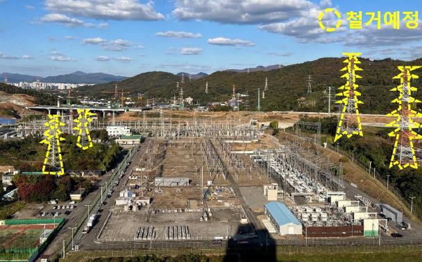 동서울 변전소 전경. 옥내화하며 좌우 철탑은 철거될 예정이다. 한국전력공사 제공