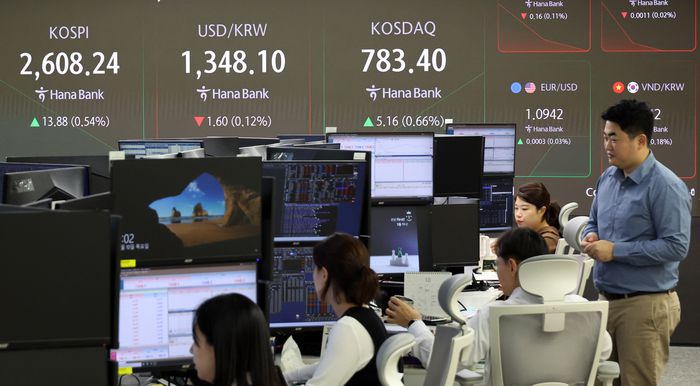 10일 코스피는 17.29p(0.67%) 오른 2611.65로, 코스닥은 3.67p(0.47%) 오른 781.91로 시작했다. 원·달러 환율은 0.7원 내린 1349.0원으로 시작했다. 사진은 이날 중구 하나은행 본점 딜링룸 모습.  연합뉴스