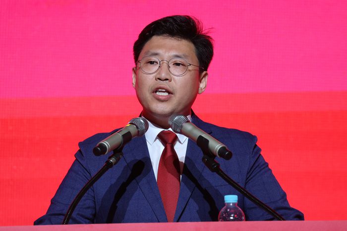 이상규 국민의힘 최고위원 후보가 지난 7월8일 오후 광주 김대중컨벤션센터에서 열린 제4차 전당대회 광주·전북·전남·제주 합동연설회에서 정견발표를 하고 있다. 연합뉴스