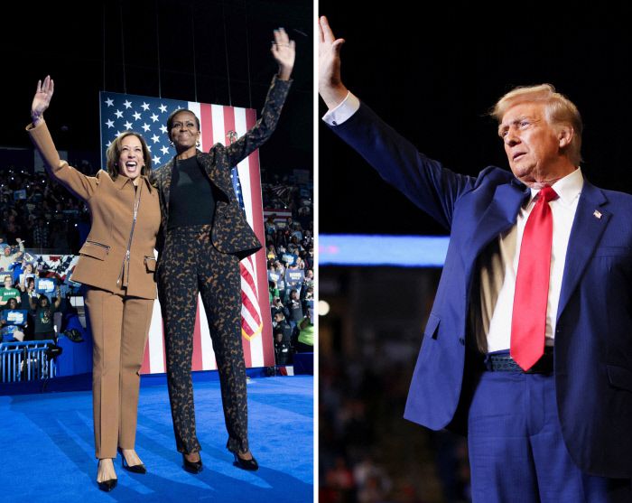 승리의 여신은 누구 손잡을까 미국 민주당 대선 후보 카멀라 해리스 부통령(왼쪽)이 26일(현지시간) 미시간 칼라마주에서 열린 유세에 미셸 오바마 전 대통령 부인과 함께 참석해 손을 흔들고 있다(왼쪽 사진). 미국 공화당 대선 후보인 도널드 트럼프 전 대통령이 이날 펜실베이니아주립대에서 열린 유세 도중 환호하는 지지자들에게 손을 흔들고 있다.  AP연합뉴스·로이터연합뉴스