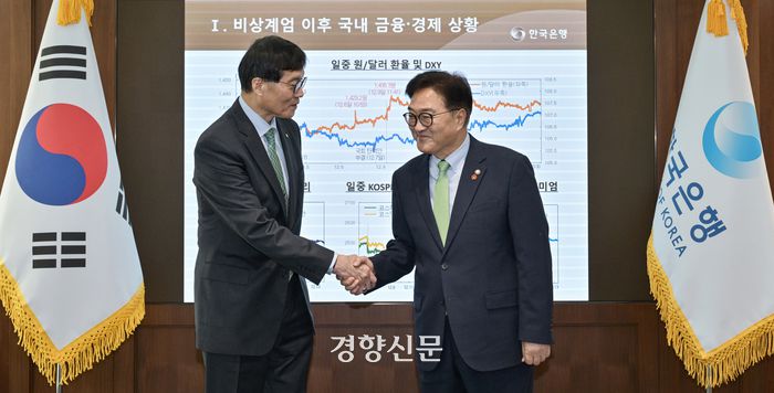우원식 국회의장(오른쪽)이 19일 서울 중구 한국은행에서 이창용 총재와 만나 인사하고 있다.국회사진기자단