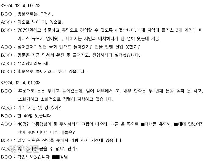 검찰이 확보한 특전사 국회 현장 지휘관 통화 녹취록. 검찰 비상계엄 특별수사본부 제공