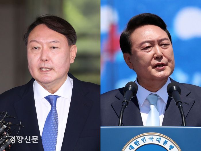 윤석열 대통령의 서울중앙지검장 시절(왼쪽)과 대통령 취임식 때의 모습. 경향신문 자료사진·연합뉴스