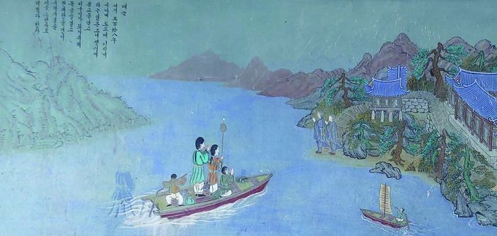 부여 고란사 대웅전 뒷벽에 그려진 비구니 구족계를 받기 위해 백제로 건너오는 일본의 여성출가자 상상도. 민족사 제공