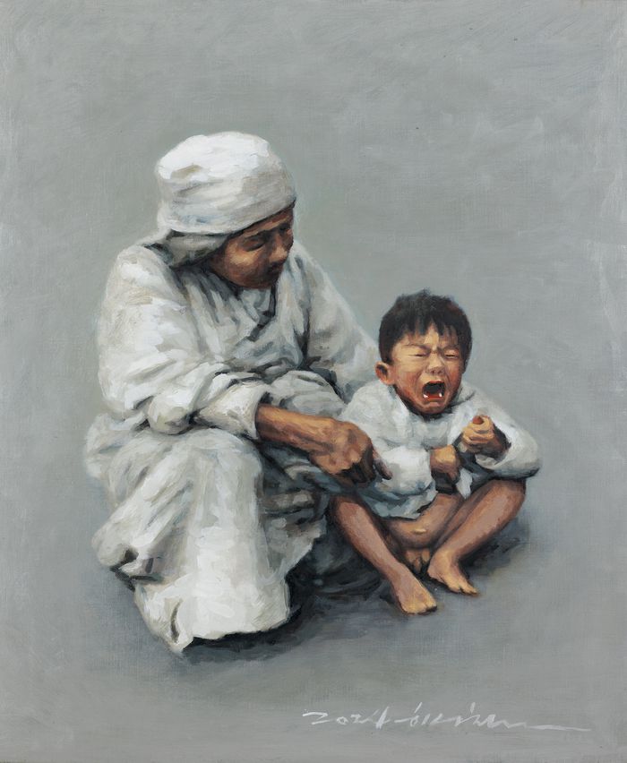 신학철 ‘땅에 떨어진 것은 먹는 것이 아니다 뱉어’(2024), 캔버스에 유채, 73×60㎝(2006년 원작은 53×45㎝) 백기완노나메기재단 제공