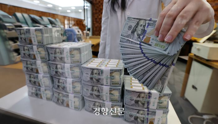 5일 서울 중구 하나은행 위·변조 대응센터 직원이 달러를 정리하고 있다. 권도현 기자