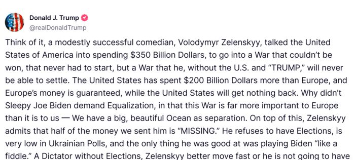 도널드 트럼프 대통령이 지난 19일(현지시간) 사회관계망서비스(SNS) 트루스 소셜에 올린 글 캡쳐