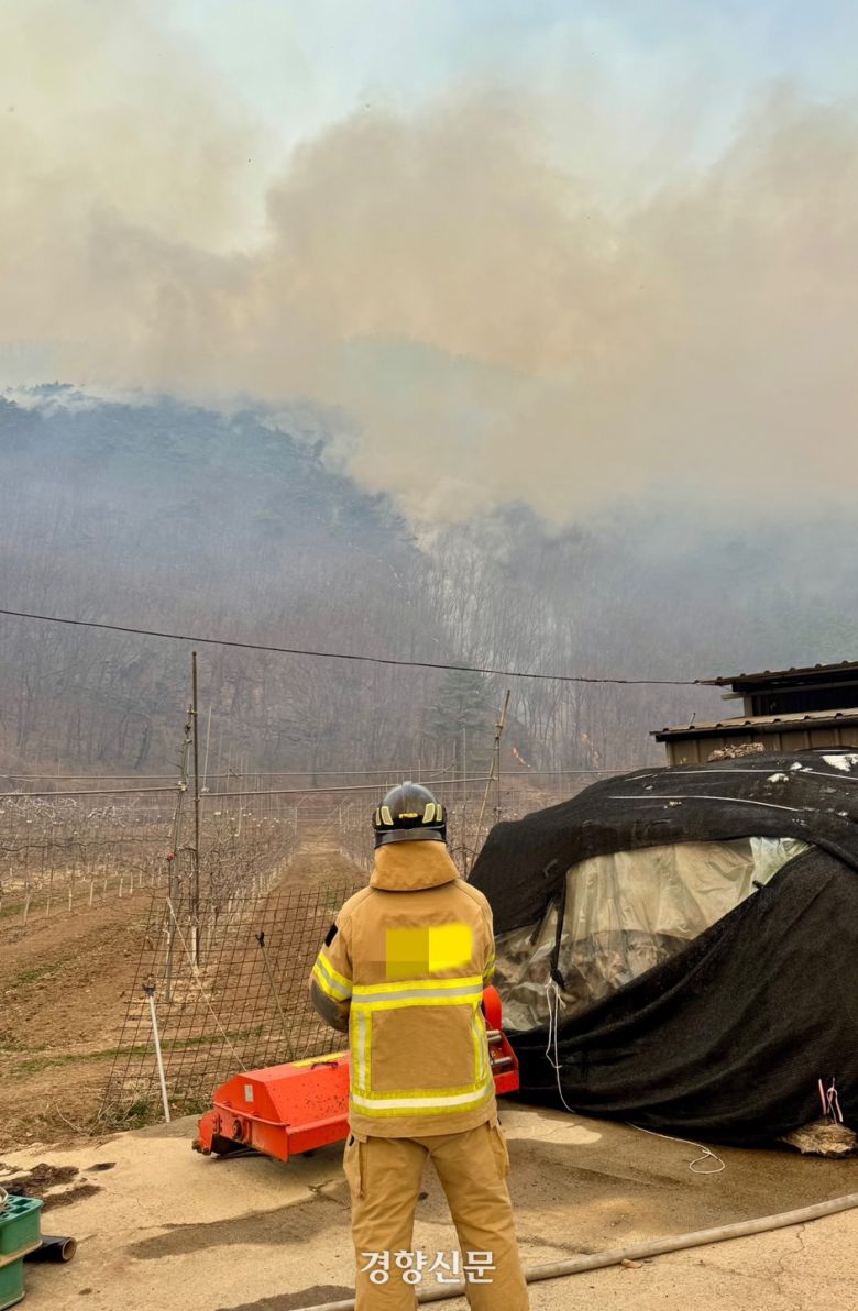 경북 안동시 길안면 백자리에서 25일 오후 산불이 확산하는 모습을 한 소방대원이 지켜보고 있다. 백경열 기자