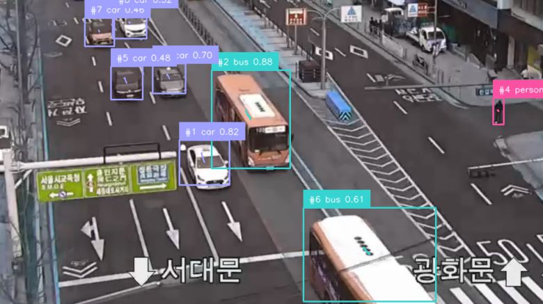 Supervision 라이브러리를 이용해 서울 정동사거리의 CCTV 영상을 분석해 출력한 모습. 소마 교수가 제공한 코드를 이용해 서울시 교통정보시스템(TOPIS)에서 영상을 내려받아 즉석에서 만들었다.