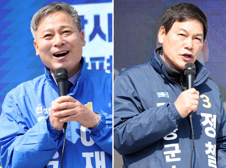 담양군수 재선거 선거운동 첫날인 지난 20일 담양군 창평시장에서 이재종 더불어민주당 후보와 정철원 조국혁신당 후보가 유세를 펼치고 있다. 연합뉴스