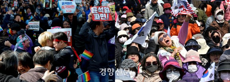 지난 4일 헌법재판소의 윤석열 전 대통령 파면 직후 서울 안국역 일대에서 생중계로 선고를 지켜보던 탄핵 찬성 시민들이 환호하고 있다(왼쪽 사진). 비슷한 시각 서울 한남동 대통령 관저 인근에서 탄핵 반대를 외치던 시민 일부가 오열하고 있다. 문재원·성동훈 기자