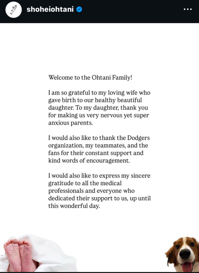 SNS에 딸의 출산 소식을 알린 오타니.