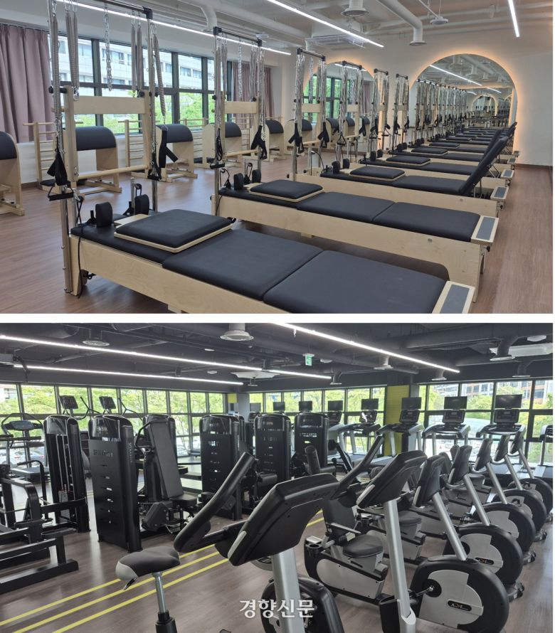 구로G밸리체육관 각 층에 조성된 필라테스실과 헬스장 전경. 최신 운동기구가 빽빽하게 설치돼 있다. 류인하 기자