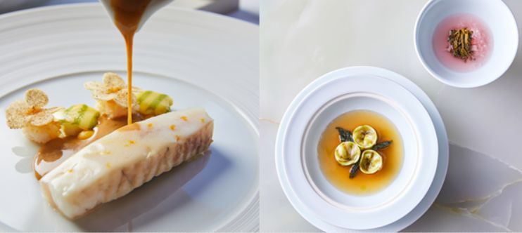 라망시크레의 찰광어 미네스트로네(왼쪽), 이타닉가든의 냉이만둣국과 순무동치미. 조선호텔앤리조트 제공