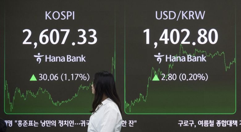 12일 서울 중구 하나은행 본점 딜링룸의 전광판에 이날 거래를 마감한 코스피와 원·달러 환율이 표시돼 있다. 연합뉴스