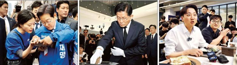 <시민 책에 저자 사인...독립유공 선열 참배...대학생과 ‘학식’ 대화> 이재명 더불어민주당 대선 후보가 13일 대구 동성로에서 열린 집중유세를 마친 뒤 한 시민의 요청에 자신의 저서에 사인을 하고 있다(왼쪽 사진). 김문수 국민의힘 대선 후보가 13일 독립유공자들이 묻힌 대구 국립신암선열공원을 방문해 참배하고 있다(가운데). 이준석 개혁신당 대선 후보가 13일 대구 북구 경북대학교 학생식당에서 학생들과 학식을 먹으며 대화하고 있다. 박민규 선임기자·성동훈 기자·연합뉴스