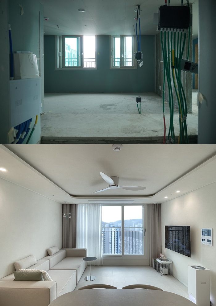 견본주택의 회색빛 도장과 몰딩에서 차갑고 폐쇄적인 분위기를 느낀 박고은씨(@parkkhome)는 마이너스 옵션으로 화이트 톤의 미니멀한 인테리어에 도전했다. 그는 “마이너스 옵션은 ‘맞춤형 조립 PC’ 같다. 원하는 성능에 맞게 사양을 조립하는 것처럼 공간도 내 스타일에 맞게 짤 수 있다”고 했다.