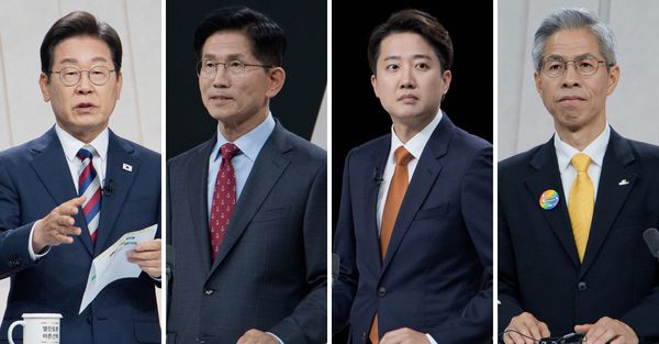 제21대 대통령 선거에 나선 이재명 더불어민주당 후보(왼쪽부터), 김문수 국민의힘 후보, 이준석 개혁신당 후보, 권영국 민주노동당 후보가 지난 27일 서울 상암동 MBC 스튜디오에서 정치 분야를 주제로 열린 후보자 초청 마지막 TV토론을 하고 있다. 국회사진기자단