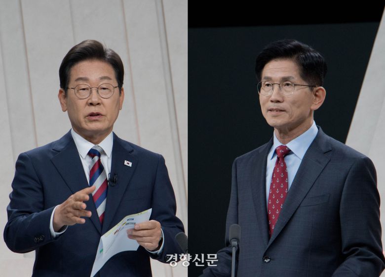 이재명 더불어민주당 대선 후보와 김문수 국민의힘 대선 후보가 지난 27일 서울 상암동 MBC 스튜디오에서 정치·외교 분야를 주제로 TV토론을 하고 있다. 국회사진기자단