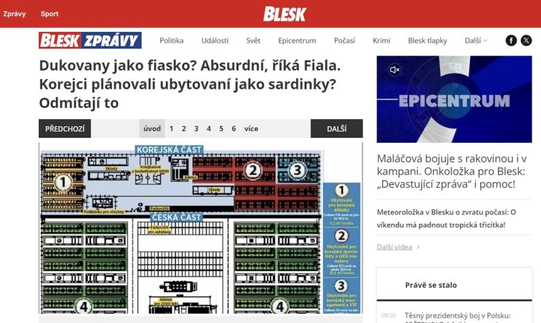 체코 현지의 타블로이드 매체 ‘블레스크’는 두코바니 원전 건설사업의 현지인 숙소에 관한 보도를 지난달 3일·15일 내보냈다. “두코바니가 실패라고? 터무니없다, 피알라가 말했다. 한국인들이 노동자 숙소를 마치 정어리처럼 꽉 끼게 계획했다고? 그들은 이를 부인한다”라는 제목의 기사(지난달 15일 보도)에  해당 도면으로 보이는 그림이 첨부돼 있다. 한수원과 대우건설 측은 해당 도면이 실제 건설될 노동자 숙소와는 무관하다는 입장이다. 체코 ‘블레스크’ 캡처