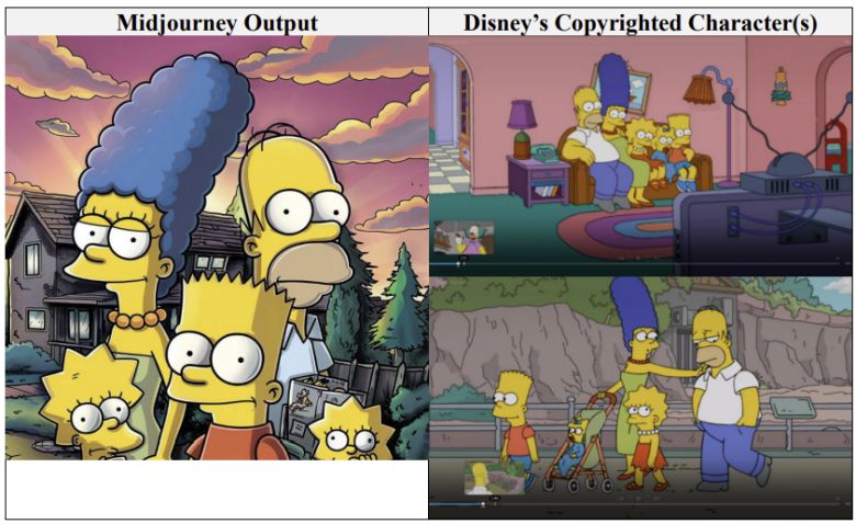 월트디즈니가 저작권을 보유한 심슨 캐릭터(오른쪽)와 미드저니 AI가 생성한 이미지(왼쪽)를 비교하는 자료. 디즈니가 미국 법원에 제출한 자료 갈무리