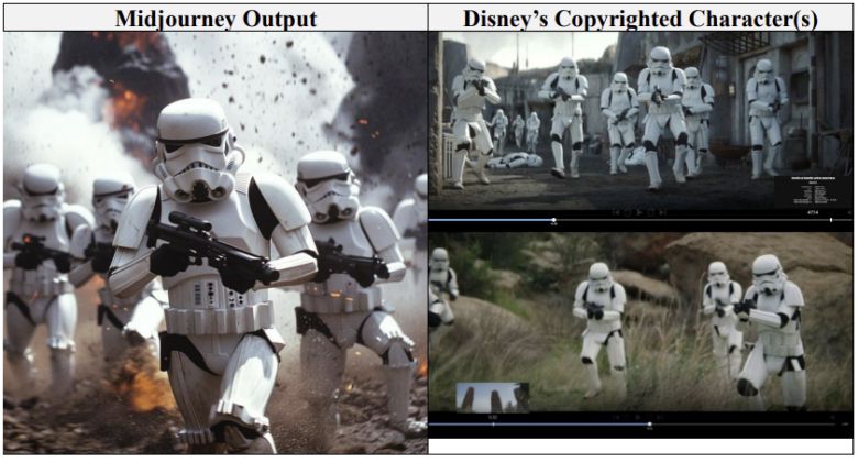 월트디즈니가 저작권을 보유한 스타워즈 캐릭터(오른쪽)와 미드저니 AI가 생성한 이미지(왼쪽)를 비교하는 자료. 디즈니가 미국 법원에 제출한 자료 갈무리