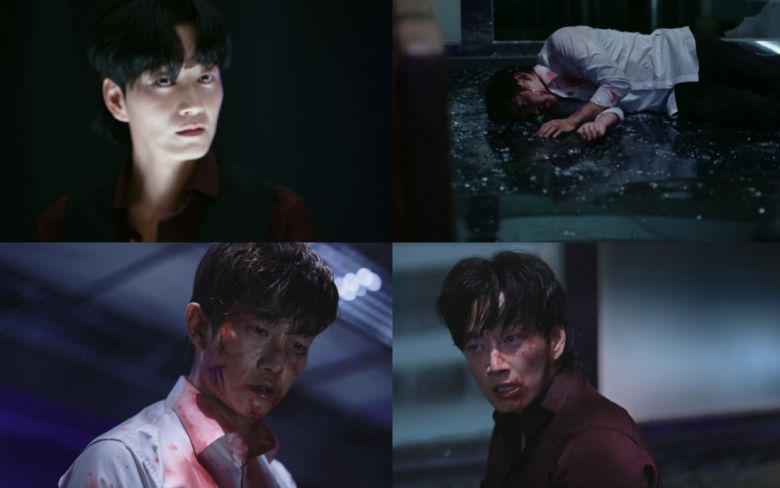 티빙 오리지널 드라마 <샤크: 더 스톰>의 주인공 ‘차우솔’(김민석)과 빌런 ‘현우용’(이현욱)의 모습. 티빙 제공