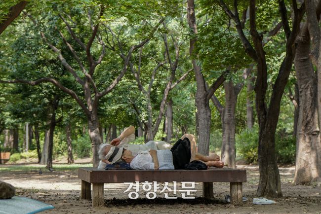 서울 성동구 서울숲 나무 그늘 아래에서 더위를 피하는 노인들. 이준헌 기자