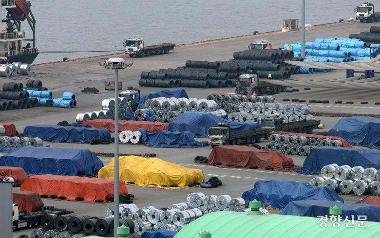미국 도널드 트럼프 행정부가 모든 수입산 철강·알루미늄 제품에 대해 25% 관세 부과를 시작한 가운데 지난 3월 12일 경기 평택시 평택항에 철강 제품이 쌓여 있다. 권도현 기자